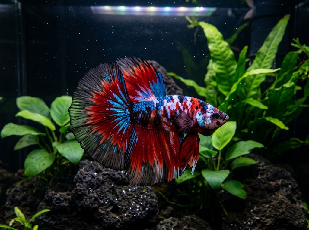 Multicolor fancy Halfmoon Betta fish in full flare.