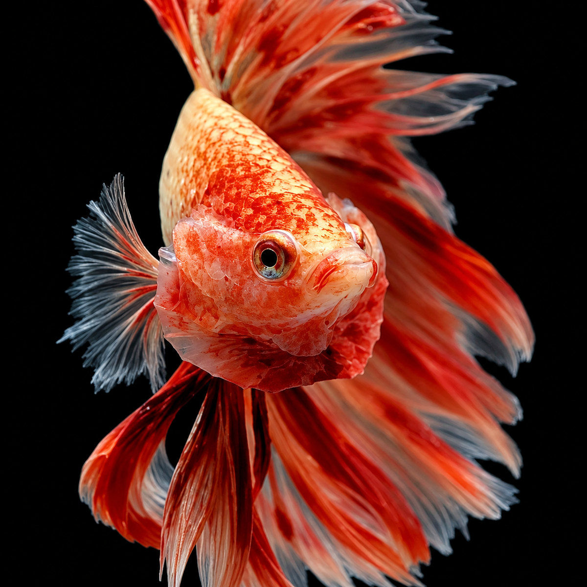 Armageddon Halfmoon Male Betta Fish featuring fiery red and golden-yellow coloration with elegant, flowing Halfmoon fins.